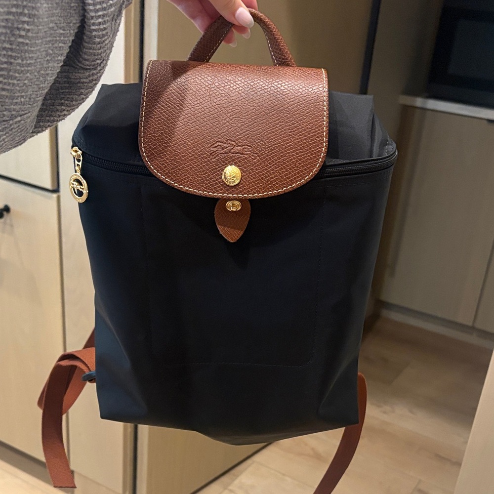 Longchamp Backpack - Classic Black Nylon with Leather Trim